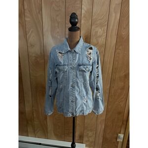 SHEIN Womens Distressed Denim Jacket Light Wash Ripped Jean Jacket Size S 4